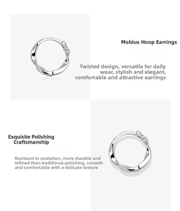 Detailed view of Mobius silver hoop earrings with high-polish twisted design finish