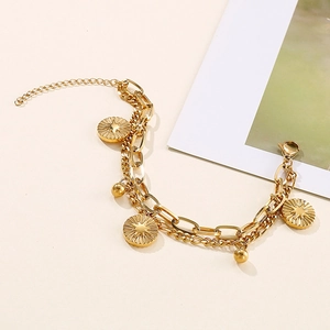 Double-layered gold titanium steel bracelet featuring sunray coin charms and metallic beads