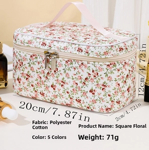 Detail showing floral toiletry bag dimensions 20x12x12cm with pink handle and zipper