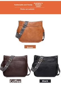 Three leather tote bags in brown, coffee, and black with leopard print woven straps