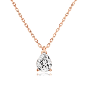 Detail of pear-shaped clear zircon pendant on elegant rose gold plated chain