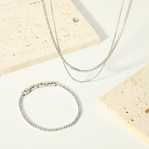 Collier Double Couche Et Bracelet Bijoux Acier Inoxydable Zircon Strass Chaîne Serpent Tennis Brillant Minimaliste