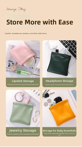 Detail of waterproof PU leather pouch with spring closure in pink and green colors