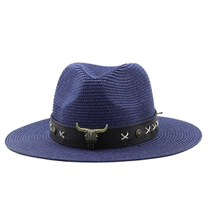 Navy blue bohemian straw jazz hat with vintage steer skull leather band detail