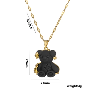 Titanium steel necklace with black bear pendant and gold star, 40+5cm adjustable chain