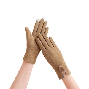 Women's khaki thermal touch screen gloves with plush fur pompom for winter outdoors