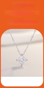 Close-up of square cut moissanite pendant on 925 sterling silver minimalist necklace