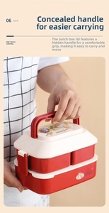 Close-up of a double-layer rabbit lunch box with hidden handle and secure side buckles
