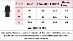 Size guide for elegant wool coat with detailed measurements from size S to L