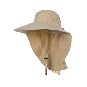 Detail of khaki sun hat featuring wide brim, neck protection flap, and mesh side vents