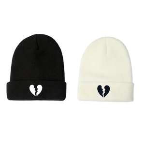 Broken Heart Embroidery Knitted Beanie Acrylic Streetwear Cuffed Warm Winter Hat Unisex Fashion Casual