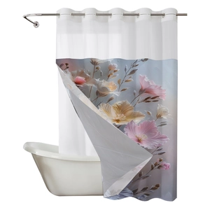 Waterproof double-layer shower curtain with abstract floral print and metal grommets