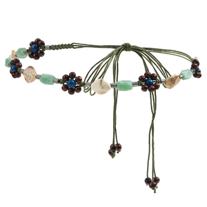 Bohemian braided waist rope with emerald green cord and decorative wooden beads