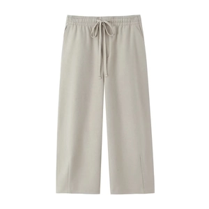 Pantalon décontracté femme gris clair à jambes larges avec taille haute élastique