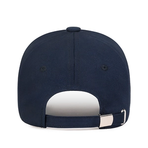 Navy blue distressed baseball cap with adjustable metal buckle on a white background