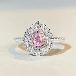 925 Sterling Silver Pear Cut Pink Gemstone Ring Elegant Double Halo Water Drop Sparkly Pave Band Jewelry For Women