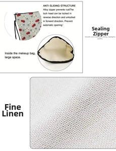 Detailansicht der Kosmetiktasche mit Katzenprint, legiertem Reißverschluss und Leinenstoff