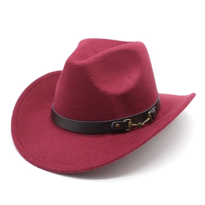 Burgundy western wool felt cowboy hat with wide brim and brown faux leather buckle strap