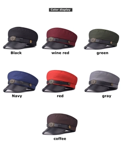 Flat top military caps collection in 7 colors with metal star badge and PU leather brim