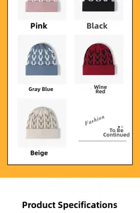 Detail view of winter knit beanie hats in pink, black, blue, burgundy, and beige colors