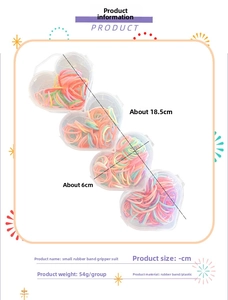 Detail of colorful elastic hair bands in heart-shaped boxes with size and weight info