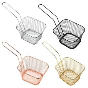 Mini square stainless steel fry baskets in silver, black, gold and rose gold finishes