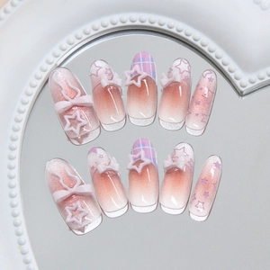 Faux ongles œil de chat roses avec nœuds 3D, breloques étoiles et motifs à carreaux