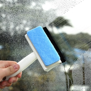 Blue 2-in-1 bathroom glass cleaner brush with sponge and rubber squeegee for window tiles