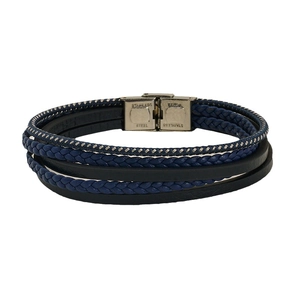 Men's multilayer braided leather bracelet with blue and black cord and stainless steel clasp