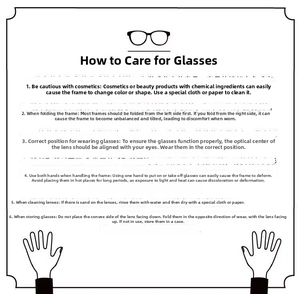 Instruction card detailing glasses maintenance, cleaning, and storage methods
