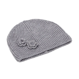 Gray knitted beanie for women featuring crochet flower accents and ribbed texture design