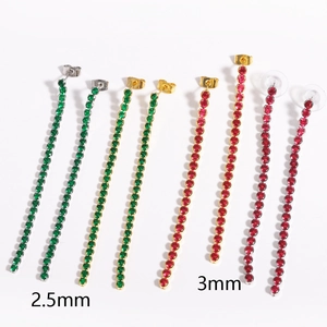Detail showing 2.5mm and 3mm zircon tassel earrings in green and red gems