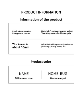 Detailed specs of the vintage floral rug featuring Farman velvet and anti-slip silicone back