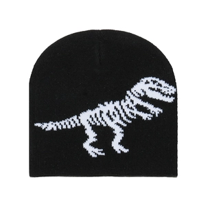 Kids black knit beanie with white dinosaur skeleton jacquard for autumn and winter warmth