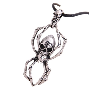 Retro gothic skull spider pendant necklace in vintage silver finish with black leather cord