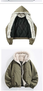Detail van legergroene parka met capuchon, imitatiebontkraag en gewatteerde voering