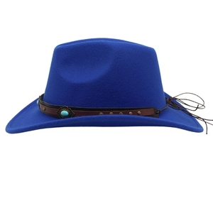 Detail of royal blue felt fedora with turquoise beads and brown tassel band