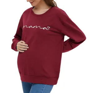Mama Letter Print Heart Graphic Maternity Hoodie Long Sleeve Crew Neck Cotton Blend Casual Wine Red Sweatshirt For Pregnancy
