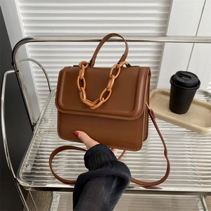 Minimalist brown PU leather square crossbody bag with stylish plastic chain handle