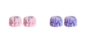 Macro detail of plush tie-dye wrist washbands in pink, purple and blue gradients