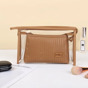 Twee-in-een bruine PU-lederen make-up tasset met transparant PVC-zakje en gewatteerde binnentas