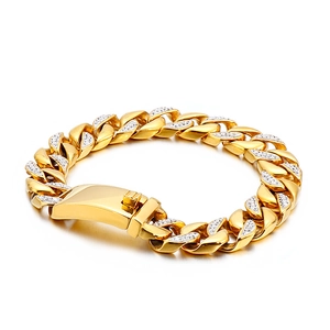 Men Hip Hop Cuban Link Bracelet Stainless Steel 18K Gold Plated With White Zircon Rhinestones Street Punk Fashion