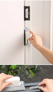Detail view of 2-in-1 window groove cleaning brush tool with scraper removing dust from tracks