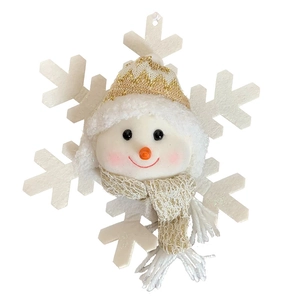 Christmas snowman plush ornament with gold sequin hat and snowflake background