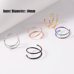 Close-up of 20G double hoop nose rings in five colors with 10mm inner diameter
