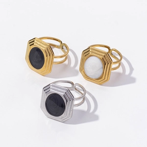French vintage 304 stainless steel adjustable rings with geometric octagonal design