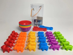 Rainbow animal sorting toy set with colorful bowls and tweezers for motor skills