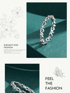 Detail view of s925 sterling silver hollow heart ring with pave micro-set crystals
