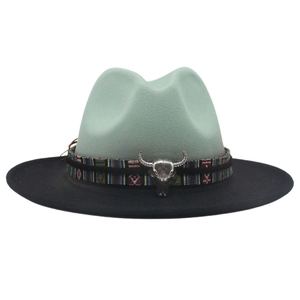 Detail of wool felt western hat showing ethnic woven band and silver bull skull ornament