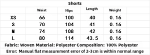 Tableau des tailles détaillé pour shorts au crochet avec mesures et infos sur le tissu